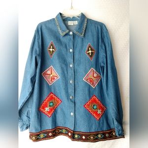 Country Southwest Look Embellished Denim Shirt Women's Size XL 18  20 Chest 46"